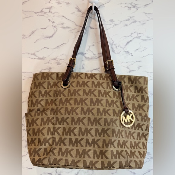 Michael Kors Handbags - Michael Kors Tan and Brown Jet Set Tote/Shoulder Bag with Gold Hardware